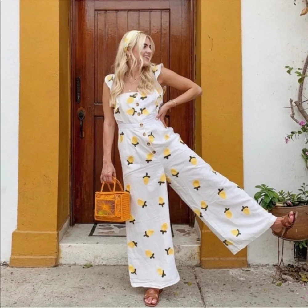 Anthropologie Red Carter Allison Lemon Embroidered Linen Jumpsuit - Picture 3 of 16